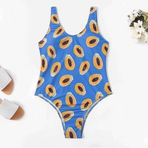 One Piece Swimsuit Fruit Pawpaw Print Monokini Charming Bathing Suits (L)