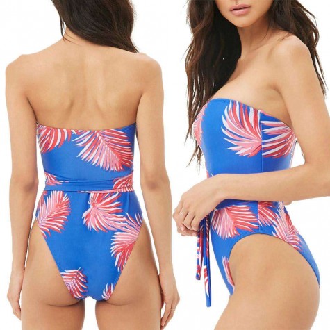 Summer Leaf Print One Piece Swimsuit Lace-up Wrap Chest Monokini