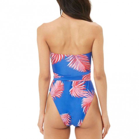 Summer Leaf Print One Piece Swimsuit Lace-up Wrap Chest Monokini