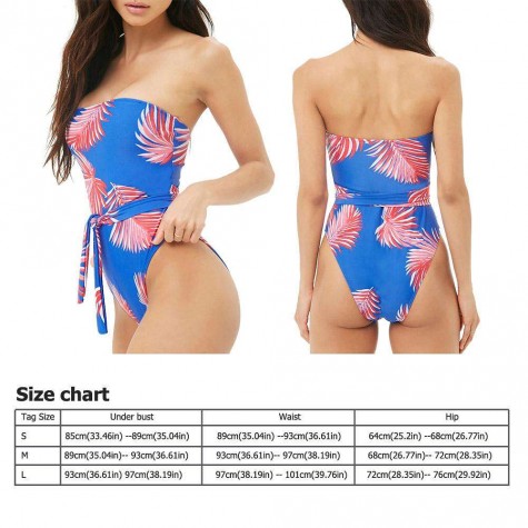 Summer Leaf Print One Piece Swimsuit Lace-up Wrap Chest Monokini