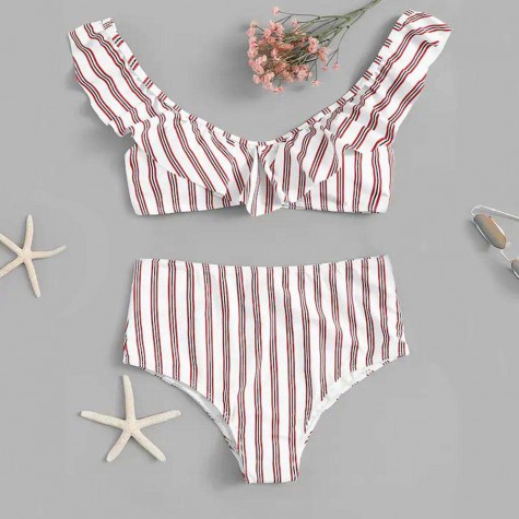 Two Piece Swimsuit Charming Padded Ruffles Push Up Striped Bikini Set