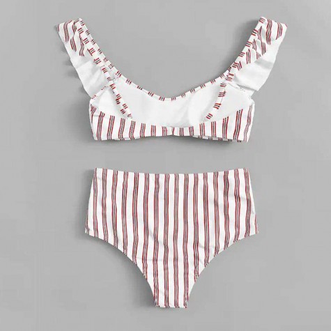 Two Piece Swimsuit Charming Padded Ruffles Push Up Striped Bikini Set