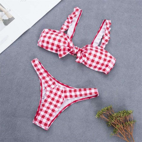 Charming Plaid Bikini Set Split Swimsuit Two Piece Bathing Suit