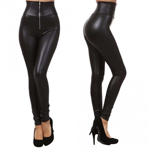 Fashion Charming High Waist Black Stretchy Faux Leather Pants Leggings