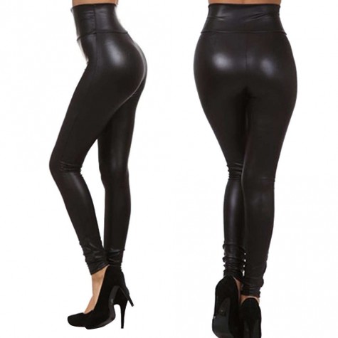 Fashion Charming High Waist Black Stretchy Faux Leather Pants Leggings